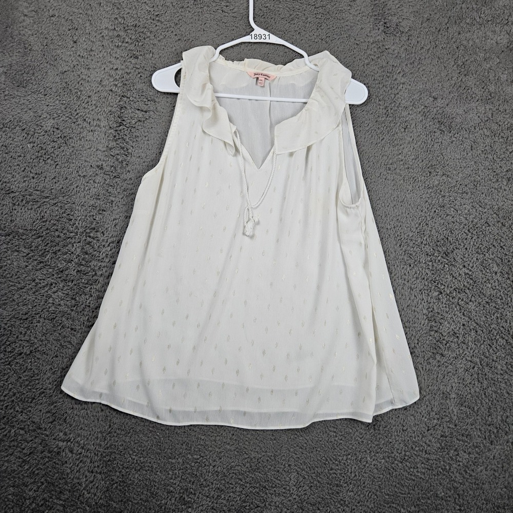 Juicy Couture Womens White Ruffle Neck Sleeveless Top Blouse Dot Print XXL